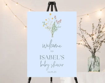 Blue Floral Baby Shower Welcome Sign | Welcome Sign Blue Baby Shower | Blue Baby Shower Decor | Printable Editable Baby Shower Welcome Sign