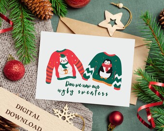 Biglietto di Natale o biglietto di auguri stampabile, biglietto scaricabile, biglietto digitale, brutto maglione, biglietto d'auguri 5x7 con download istantaneo