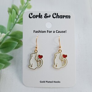 White Cat with Red Heart Gold Earrings l Cat Lovers Gift l Cat Mom Gift l Gift for Vet l Gold Earrings