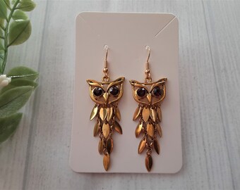 Gold Owl Cluster Red Rhinestone Eyes Brass Dangle Earrings