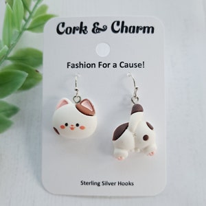 Asymmetrical White Brown Cat Head Back Tail Behind Silver Earrings l Cat Lovers Gift l Cat Mom Gift l Gift for Vet l Sterling Silver