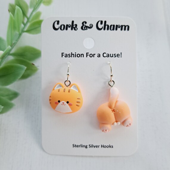 Asymmetrical Orange Cat Head Back Tail Behind Silver Earrings L