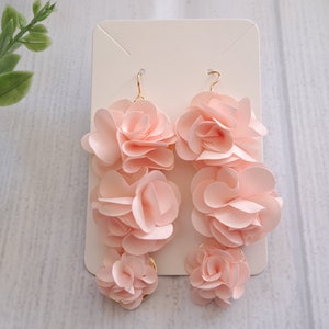 Peach Fabric Flower Flowers Gold Dangle Earrings