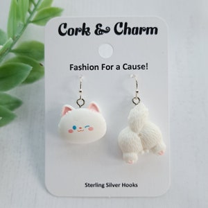 Asymmetrical White Cat Head Back Tail Behind Silver Earrings l Cat Lovers Gift l Cat Mom Gift l Gift for Vet l Sterling Silver Earrings