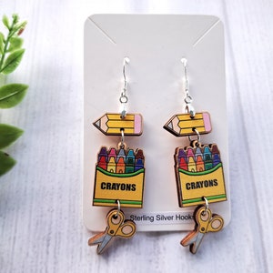 Teacher Pencil Crayons Scissors Wooden Earrings l Gifts For Teachers l Kawaii Earrings l Sterling Silver Earrings