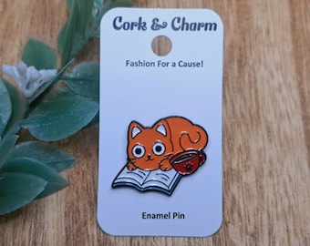 Oranje kat koffie thee boek kat emaille pin l cadeau voor lezers l cadeau voor boekenliefhebbers l cadeau voor kattenliefhebbers