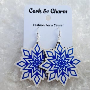 Blue and White Snowflake Wooden Winter Sterling Silver Earrings