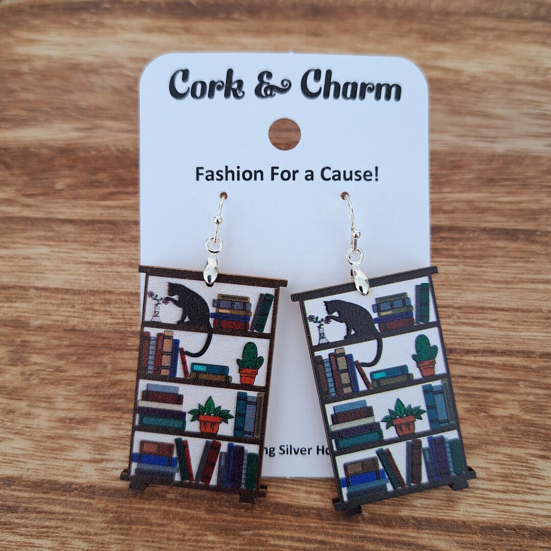 Cat Bookcase Bookshelf Wooden Earrings L Teacher Gift L Etsy