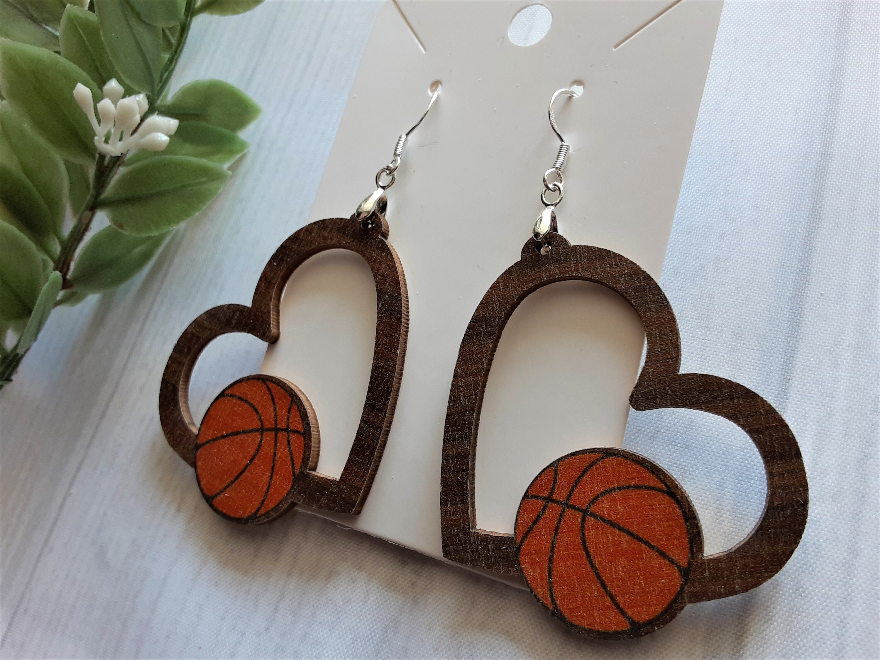 Sports Themed Heart Lightweight Wooden Earrings-Choose Style Basketball