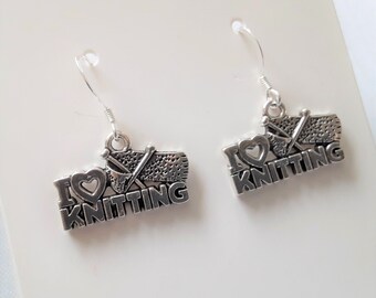 I Love Knitting Earrings l Gift for Knitters l Gift for Crafters l Kawaii l Novelty Earrings l Sterling Silver Earrings