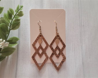 Gold with Metallic Gold Lines Double Cut Diamond Cork Earrings with Diamond Charm