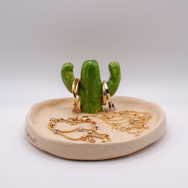 Porta anelli per cactus carino in ceramica fatto a mano, supporto per organizer per gioielli, piatto per anelli