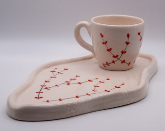 Handmade Ceramic Floral Cup with Plate