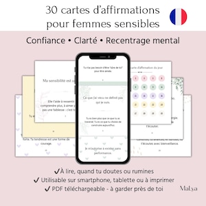 30 cartes d’affirmations PDF – femmes sensibles – confiance, clarté, bienveillance – à imprimer ou utiliser sur smartphone.