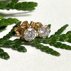 14K Solid Gold CZ Stud Earrings — 4mm Cubic Zirconia Yellow Gold Studs — 585 Gold Imitation Diamond Earrings