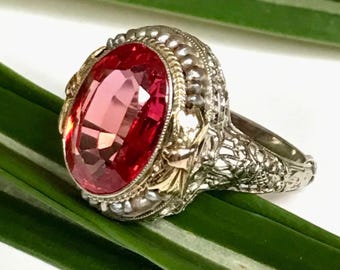 May include: A vintage ring with a large, oval ruby-red gemstone. The silver-toned band has detailed floral and filigree patterns. The gemstone is set in a gold-toned bezel, adding contrast. The ring is displayed on a green leaf, enhancing its visual appeal.