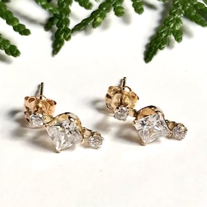 10K Gold Earrings with Cubic Zirconias — 417 Gold Studs with Square Cut Imitation Diamonds image 1