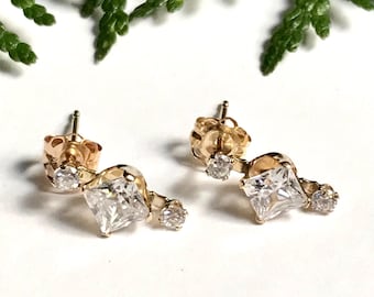 10K Gold Earrings with Cubic Zirconias — 417 Gold Studs with Square Cut Imitation Diamonds