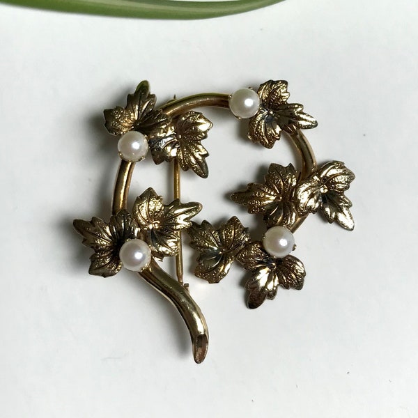 1950's Henry Griffith Vintage Pearl 12KT Gold Filled Brooch—Maple Leaves Branch with Cultured Pearls—Marked H.G. 1/20 12K G.F.