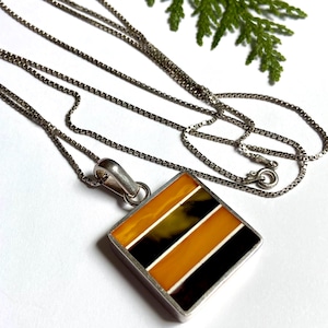 925 MCM Long Pendant Necklace With Vintage Striped Square Pendant — 3 Foot Long Sterling Silver Box Chain with Honey Yellow and Brown Inlay