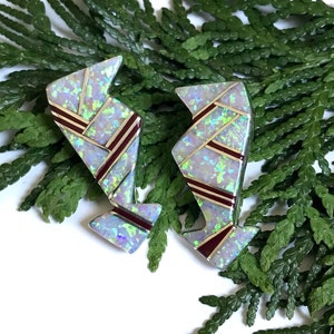 Opal & Sterling Silver Arrow Earrings — Big Zuni Made Post Earrings with Lab Opal and 925 Silver