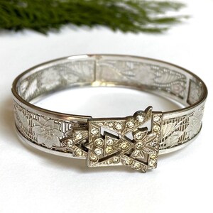 1930&#39;s JJ WHITE Art Deco Bracelet With Clear Rhinestones  — Antique Rhodium or Platinum Plated Filigree Cuff Bracelet with Crystal Buckle