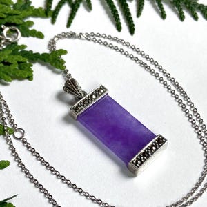 925 Art Deco Purple Jadeite Necklace — Vintage Sterling Silver and Lavender Jade Pendant Necklace With Marcasite