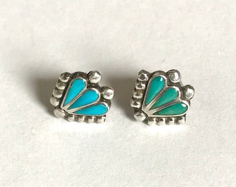 Turquoise & Sterling Silver Fan Stud Earrings — Vintage 925 Arizona Turquoise Studs — Navajo Sterling Earrings