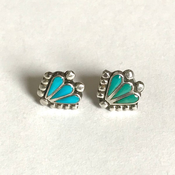 Turquoise & Sterling Silver Fan Stud Earrings — Vintage 925 Arizona Turquoise Studs — Navajo Sterling Earrings