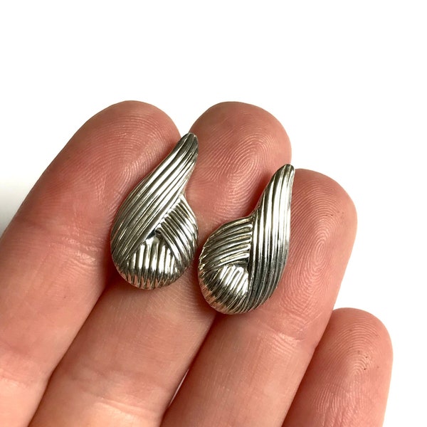 Vintage Sterling Silver Twisted Teardrop Earrings— 925 Silver Large Textured Studs — 1980's Post Earrings
