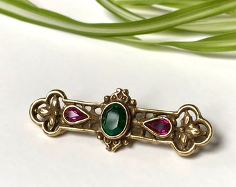 Broche Ancienne Vintage Plaquée Or Avec Cristaux Rubis Et émeraude - Bijou Unique Parfait état