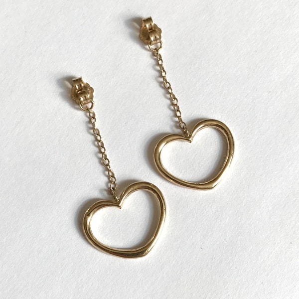 14 KT JCM Gold Heart Ear Jackets —Vintage 585 Yellow Open Heart Dangly Earring backs— 14 Karat JACMEL Yellow Gold Hearts On Chains