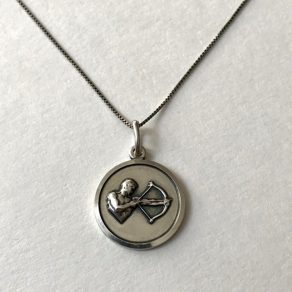 Sterling Silver Archer Pendant with 19" Italian Box Chain- Relief Bow and Arrow Image- Round Sagittarius Charm- Vintage and Marked 925