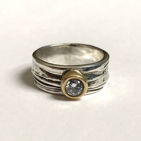 925 Brutalist Two Tone Ring with Solitaire Cubic Zirconia— Wrinkled Sterling Silver Ring with Brass Tube Setting—US Size 6.25