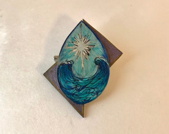 Hand Painted Brooch- North Star Over Semetrical Wave