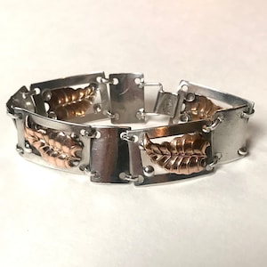 Heavy Sterling Silver Vintage Bracelet with 12K Gold Filled Leaves- 24.5 Grams- 7.5 Inches Long