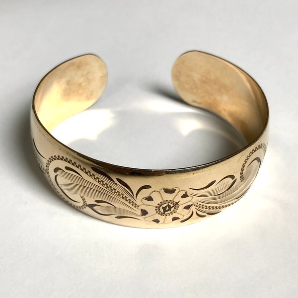 Vintage Gold Filled Etched Cuff Bracelet— Thick Gold Bracelet Marked ‘CMC GF’ with Floral Chasing
