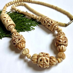 African 30 Inch Long Beaded Necklace - Vintage Hand Carved Bovine Bone Necklace
