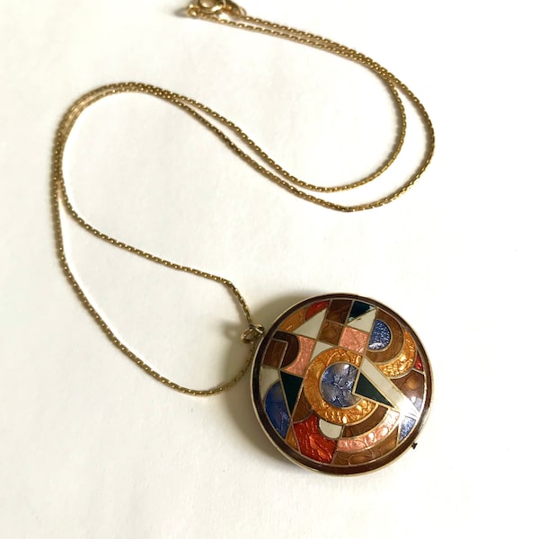 Art Deco Design Abstract Art Pendant Necklace— Colourful Vintage Medallion With 18" Gold Tone—Modern Art Enamel Pendant