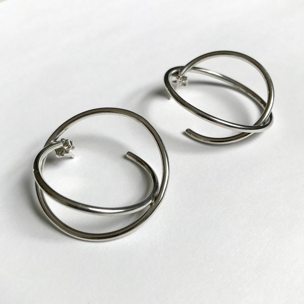 925 Modernist 3D Large Hoop Earrings In Sterling Silver— Large Vintage Double Hoop Earrings— 1.4 Inches