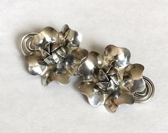 925 Antique Rose Brooch — Sterling Silver Flower Brooch with Swirl Stems — 3D Rosette Pin Marked 'HAND MADE STERLING'