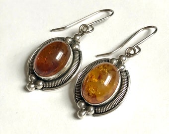 Baltic Amber & Sterling Silver Dangle Earrings — Vintage 925 Silver Earrings with Big Cabochons of Genuine Amber