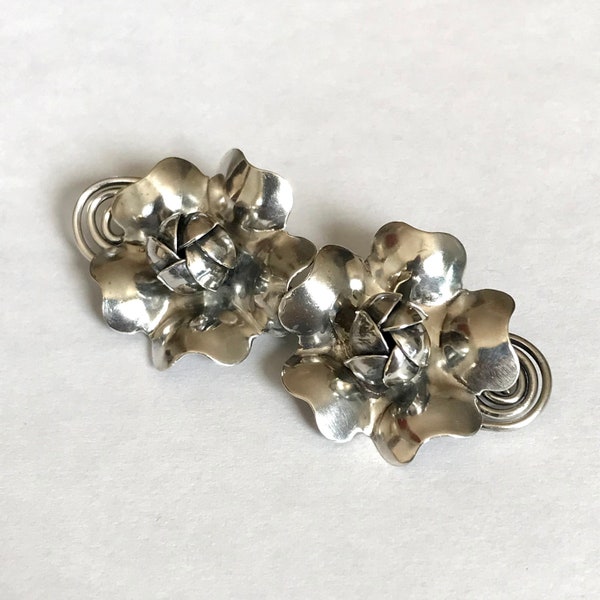 925 Antique Rose Brooch — Sterling Silver Flower Brooch with Swirl Stems — 3D Rosette Pin Marked 'HAND MADE STERLING'