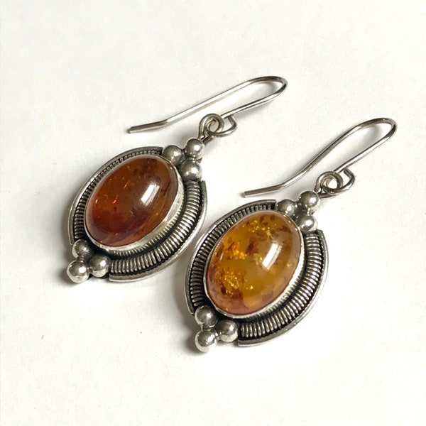 Baltic Amber & Sterling Silver Dangle Earrings — Vintage 925 Silver Earrings with Big Cabochons of Genuine Amber