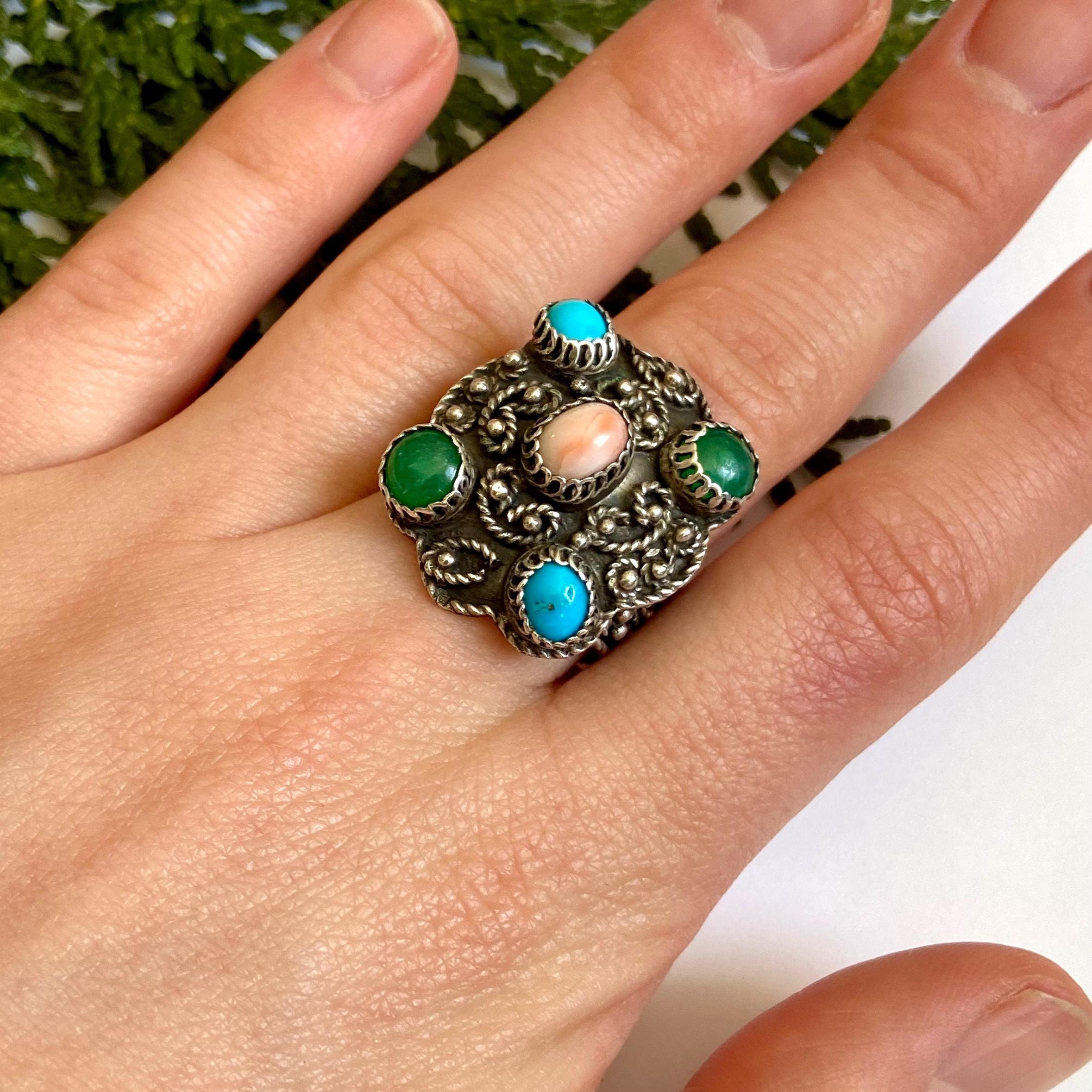 Bague Argent 925 Vermeil Style étrusque Avec Turquoise - Taille 53 - Vintage