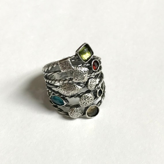 925 Silver Funky Multi Gemstone Ring— Sterling Si… - image 1