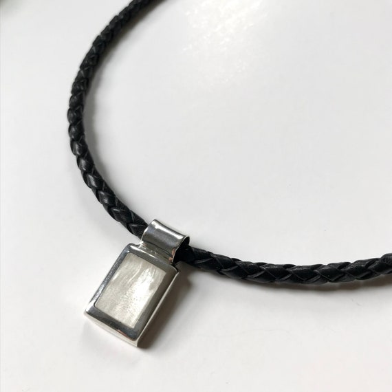 925 Black Braided Leather Necklace With Rectangul… - image 2