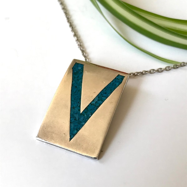 Vintage Inlaid Turquoise 'V' Necklace Made of Sterling Silver— 18 Inch Chain with Large Pendant Marked "TC-163 MEX925'—Made in Taxco Mexico