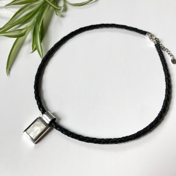 925 Black Braided Leather Necklace With Rectangul… - image 1