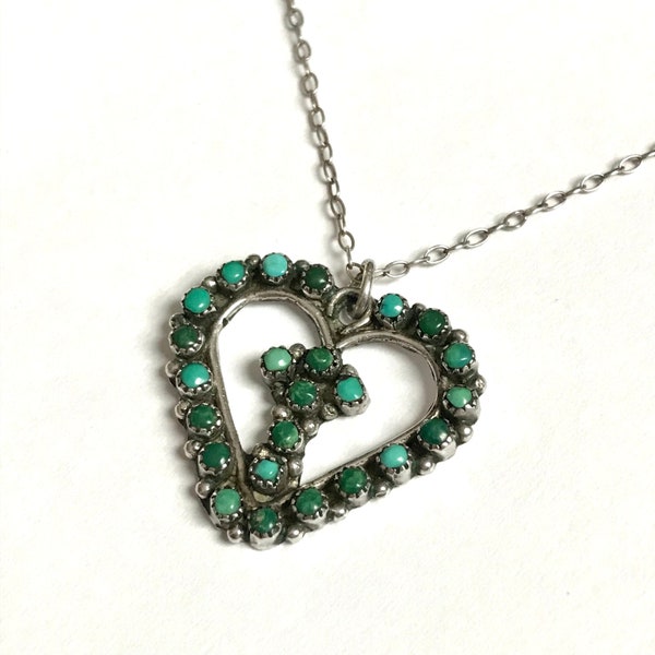 Zuni Sterling & Turquoise Heart Necklace— Vintage Snake Eye Turquoise Pendant with Cross in Heart—On 20" 925 Silver Chain